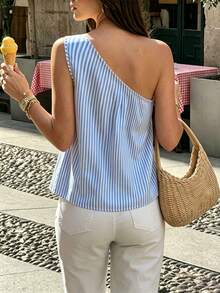 SHEIN PariChic Blue And White Stripe Women's Ruffle Trim One Shoulder Tops Summer Coastal Brunch Vacation Business Casual Office Commute Beach Outfits - Blue - View 2