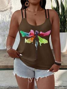 SHEIN CURVE+ 大尺碼女款度假休閒傳統配色拼接蜻蜓印花背心上衣 正式棕色夏季婚禮賓客穿搭 - 棕色 - 查看 5