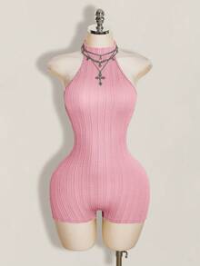 SHEIN ICON 女款黑色掛脖露背緊身貼身高領基本款休閒連身褲 - 粉色 - 查看 3