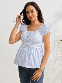 GentleRue Maternity Maternity Short Sleeve Square Neck Waist Knot Lace Bow Tie Design A-Line Striped Maternity Top - Blue and White - View 7