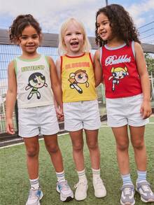 THE POWERPUFF GIRLS X SHEIN Maija Kids 3件套女童圆领修身撞色吊带背心套装，时尚休闲，春夏款 - 彩色 - 查看 2