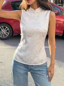 EastFlair Women's Summer Elegant Chinese Style Jacquard Frog Button Sleeveless Blouse - White - View 2