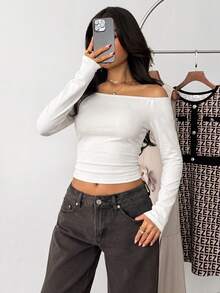 Black Off-Shoulder Fitted Casual Long Sleeve Basic Base Layer T-Shirt - White - View 6
