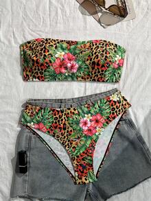 Swim Vcay 2pcs Women's Leopard Print Random Pattern Strapless Bikini Swimsuit Set, Suitable For Summer Beach Vacation Wear - Multicolor - View 3