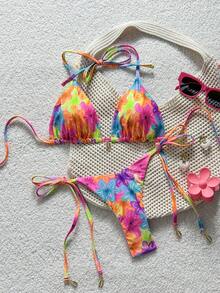 Swim Vcay Conjunto de bikini con cuello halter y estampado integral para mujer - Multicolor - Ver 6