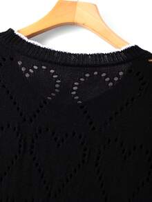 GlowEve CURVE Plus Size Elegant Cute Fairy Colorblock Heart Pattern Hollow Out Round Neck Short Sleeve Knit Top Dinner Office Black Summer - Black and White - View 7