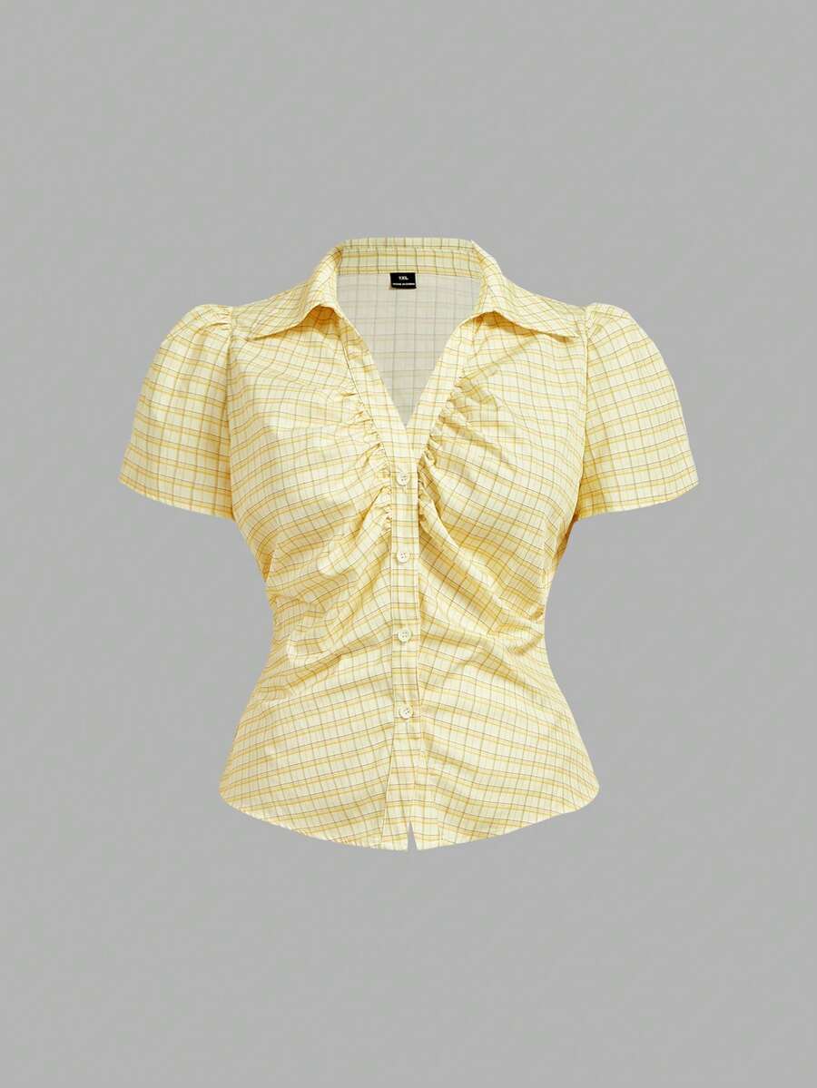 SHEIN MOD Plus Size Women's Short Sleeve Yellow Plaid Shirt, Summer,Festival ,Going Out,Work Outfits,Tummy Control,Check Shirt - Yellow - View 1