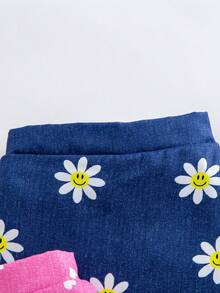 SHEIN Elladie kids 2件組女童幼兒活力度假向日葵愛心笑臉仿牛仔印花不對稱短褲，藍色與粉色，適合夏季出遊 - 彩色 - 查看 5