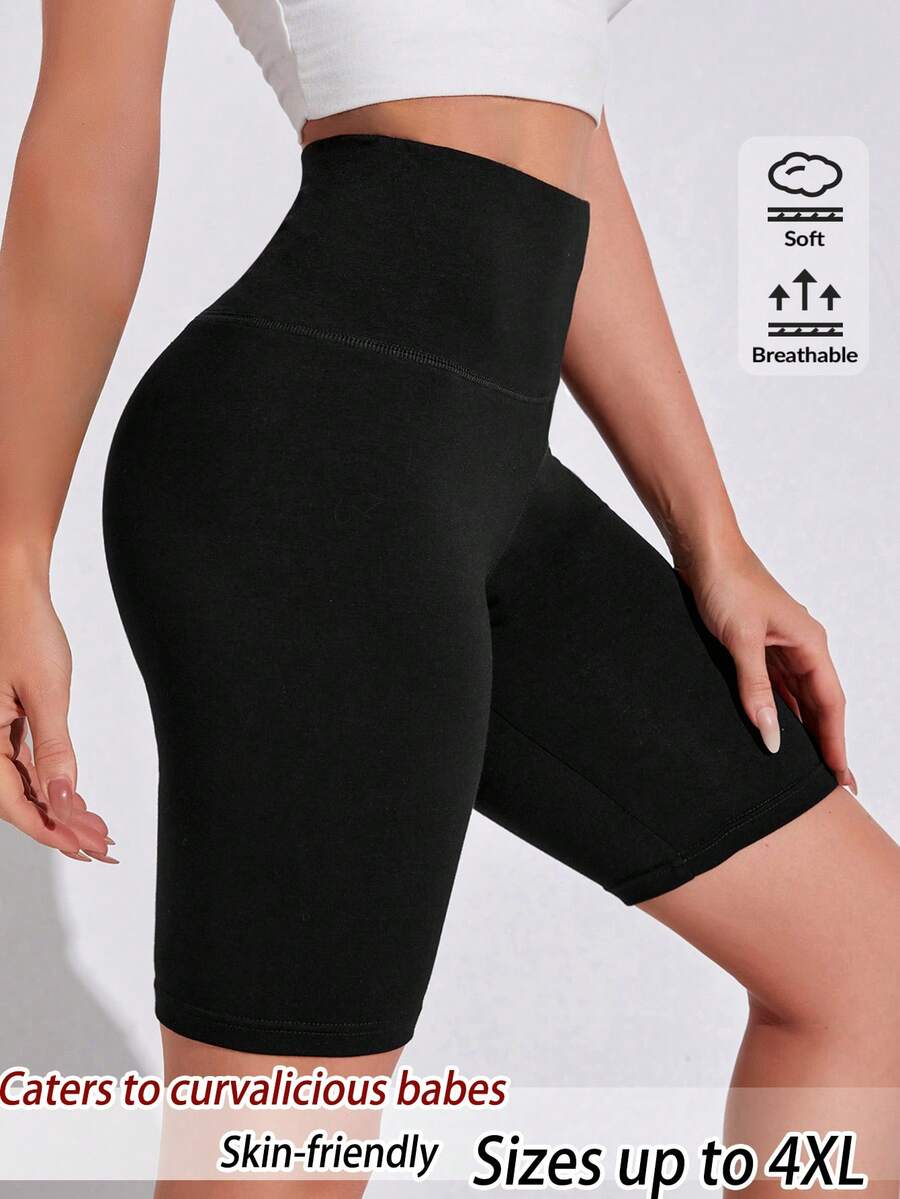 SHEIN BASICS Pantalones cortos casuales de talle alto de unicolor para mujer de talla grande - Negro - Ver 1