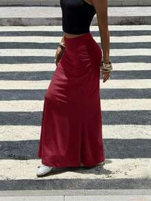 SHEIN Teen Girls Burgundy Solid Color Pleated Mermaid Long Skirt, Casual, Minimalist - Burgundy - View 4
