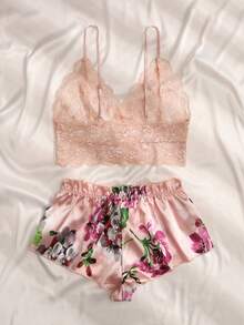 Elorette Floral Lace Bralet With Floral Shorts - Coral Pink - View 5