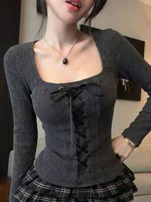 DAZY Camiseta de mujer de manga larga con cuello cuadrado, corte slim fit, elegante y gótica, color gris oscuro con bloques de color, con cordones y lazos, para bodas, salidas nocturnas, moda y fiestas, top lindo de otoño - Gris Oscuro - Ver 2