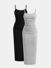 SHEIN Girlism 青少年女孩 2件/套 春夏新款針織百搭修身細肩帶洋裝套裝，休閒百搭，秋冬可疊穿 - 彩色 - 查看 5