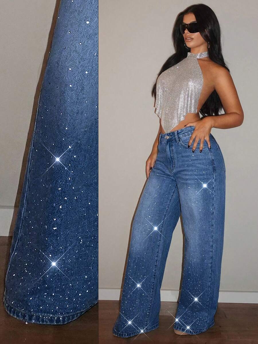 SHEIN PETITE Women's Casual Fashion Shiny Straight-Leg Jeans With Belt Loops, Versatile For Daily Wear - Medium Wash - View 1