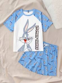 LOONEY TUNES X SHEIN Men's Raglan Short Sleeve Top And Shorts Loungewear Set - Blue and White - View 3