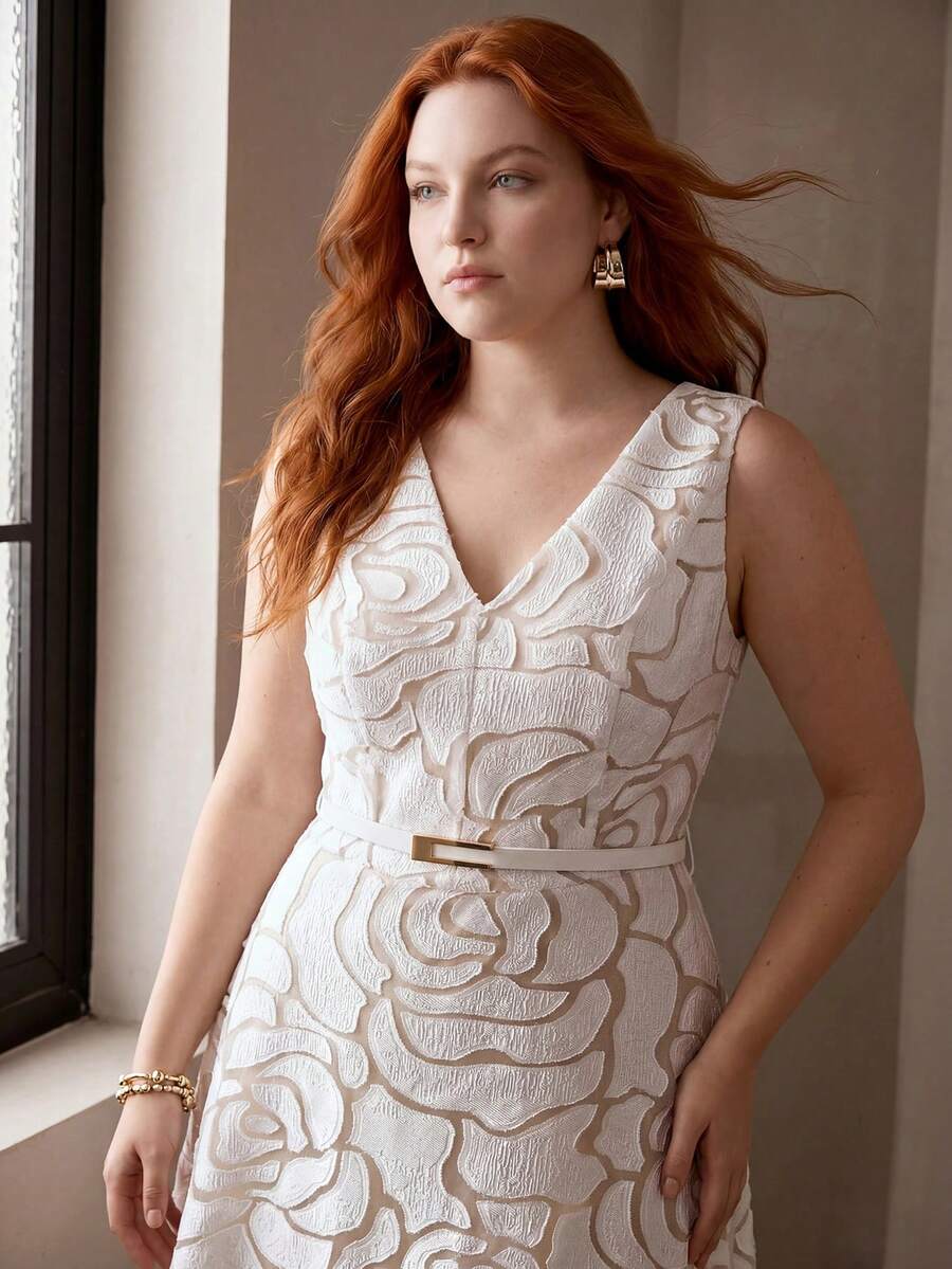 MOTF PREMIUM PLUS SIZE FASHIONABLE EXQUISITE HIGH-END DESIGN SLEEVELESS V-NECK SEXY CINCHED WAIST FIT & FLARE EMBROIDERED ROSE DRESS - White - View 1