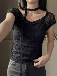 DAZY Spring Summer Valentine's Day Wedding Casual Vacation Style Beach Lace Cover-Up Semi-Transparent Mesh Fitted Women's Top - Black - View 5