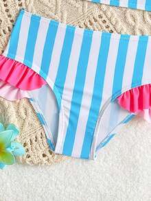 Setelan Baju Renang Anak Perempuan 2 Potong, 2 Potong, Warna Merah, Motif Garis-Garis Sederhana, Bahan Rajut Nyaman, dengan Hiasan Rumbai, Cocok untuk Pantai, Kolam Renang, Tepi Laut, Liburan, Musim Panas, Perjalanan, dan Hari Raya. - Mint Blue - View 6