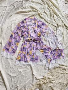 CottageSlumber 4件組：無線蕾絲吊帶背心、男孩風內褲、花卉印花睡袍與腰帶 - 紫羅蘭色 - 查看 6