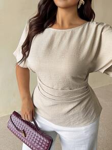 Auralis Plus Size Women's Summer Casual Eleganza Traditional Solid Color Waist-Cinched Top Elegant Office Formal Bussines Teacher Work Beige Teachers' Day - Apricot - View 2