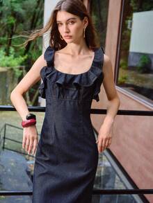 MOTF PREMIUM SPRING/SUMMER WOMEN'S RUFFLE COLLAR WAIST-CINCHING DENIM DRESS - Blue - View 7