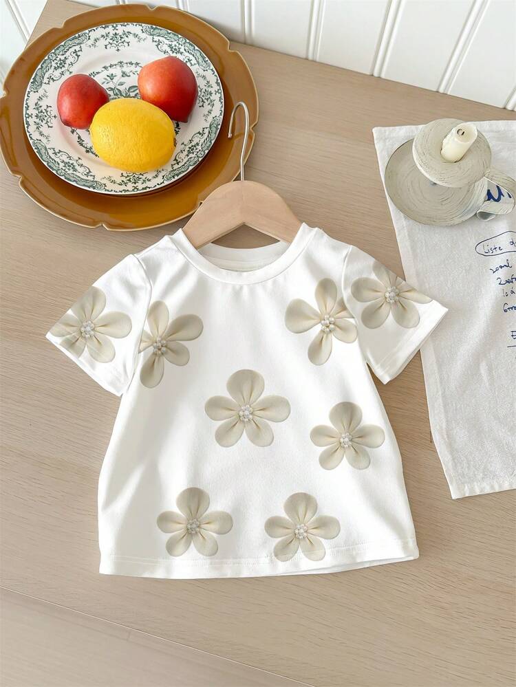 Limited-Time Offer: Buy Three Get One Free, Cute And Sweet Floral Contrast Colorful Striped, Baby Girl Casual Simple Round Neck Short Sleeve T-Shirt Suitable For Spring And Summer 4pcs Set, Outdoor Picnic, Outing, Street Photography, - Multicolor - View 5