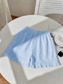 Comfortcana Conjunto de 3 piezas de shorts casuales holgados con lazos, volantes, apliques bordados y patchwork para mujer, estampado de parches - Multicolor - Ver 5