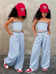 Coolane Kids Conjunto de 2 piezas para niñas preadolescentes primavera/verano con top bandeau y pantalones de color contrastante - Celeste - Ver 4
