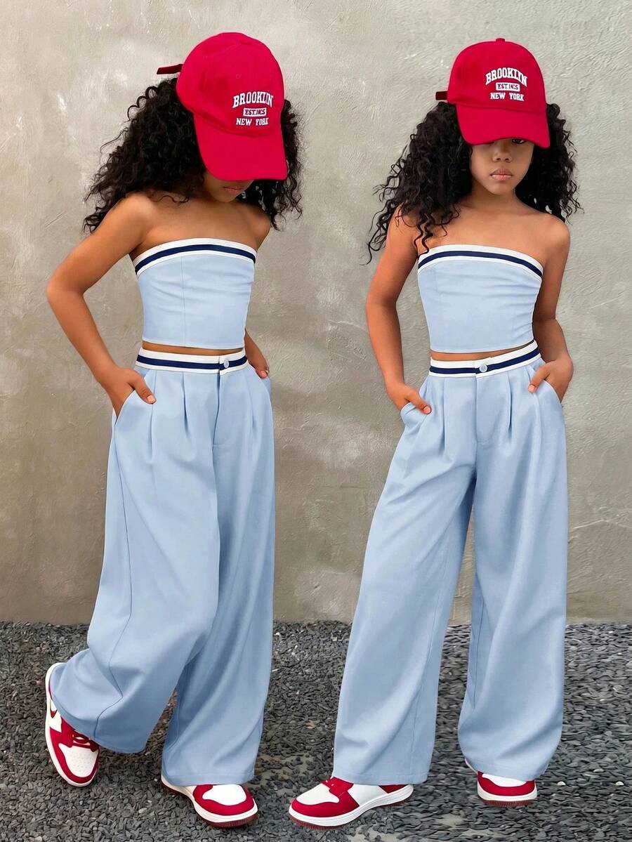 Coolane Kids Tween Girls Spring/Summer 2pcs Set Contrast Color Bandeau Top And Pants - Baby Blue - View 1