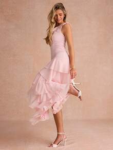 Enchnt Women's Elegant Light Pink Summer Garden Party Dress, 3D Rose Floral Lotus Leaf Strapless Long Prom Dress,Luxury Chic Evening Wedding Outfits - Baby Pink - View 7