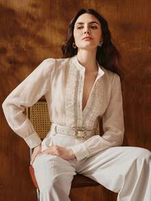 Anewsta Women's Sheer Mesh Ruffle Collar Sexy Long Sleeve Blouse Golf White Autumn - White - View 6