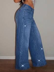 SHEIN PETITE Women's Casual Fashion Shiny Straight-Leg Jeans With Belt Loops, Versatile For Daily Wear - Medium Wash - View 5