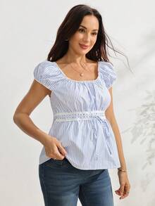 GentleRue Maternity Maternity Short Sleeve Square Neck Waist Knot Lace Bow Tie Design A-Line Striped Maternity Top - Blue and White - View 3