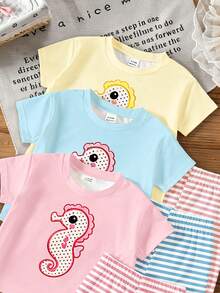 Baby Girl Round Neck Short Sleeve Cartoon Print T-Shirt And Pink Shorts Set Summer Cute - Multicolor - View 4