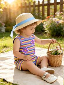 SHEIN Playful Pals 女嬰夏季紫色花卉貼花套裝，圓領無袖彩虹螺紋上衣搭配同款短褲，甜美風格，輕盈舒適，適合戶外玩耍、居家舒適及朋友聚會 - 紫色 - 查看 7
