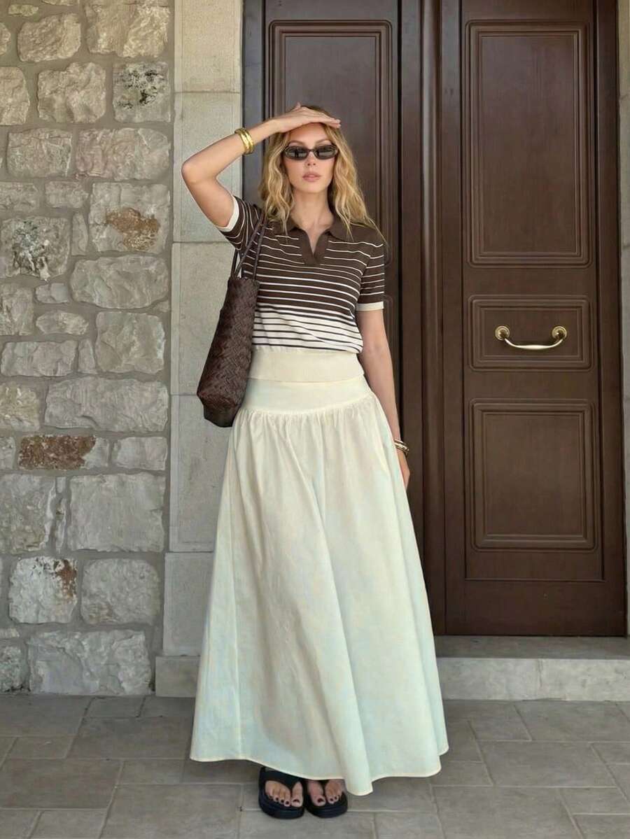 BizChic 條紋短袖針織上衣 優雅休閒 商務早午餐 正式度假 慵懶街頭 通勤約會 日常節日 萬聖節 夏季 棕色條紋 - 棕色 - 查看 1