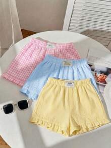 Comfortcana Conjunto de 3 piezas de shorts casuales holgados con lazos, volantes, apliques bordados y patchwork para mujer, estampado de parches - Multicolor - Ver 1