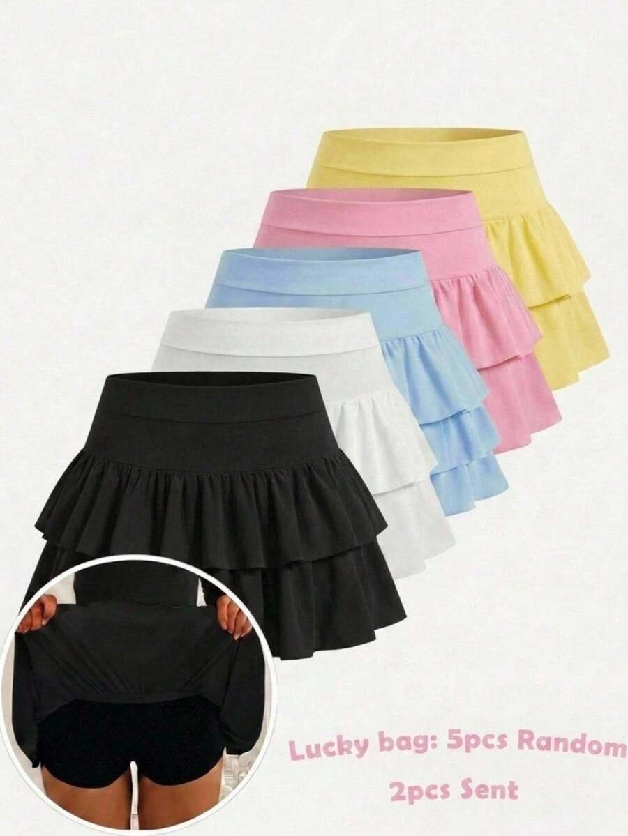SHEIN Girlism 青少年女孩 Lucy 包:5件組隨機 2件女孩針織素色可愛荷葉邊層次內建短褲迷你裙兩件套 Y2K 時尚返校季荷葉邊短裙附內短褲層次荷葉邊裙,春夏季秋冬四季皆宜青少年荷葉邊裙 - 黑與白 - 查看 1
