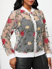 SHEIN Lady 女款透明拉鍊休閒優雅牙買加花卉圖案夾克，白色，適合晚餐約會、旅行度假，秋季穿著 - 彩色 - 查看 4
