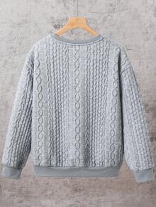 SHEIN Kids Tween Boys Crew Neck Long Sleeve Textured Fabric Sweatshirt, White Color, Comfortable Knit Fabric, Casual Vacation And Commute Style Fall Clothes - Grey - View 2