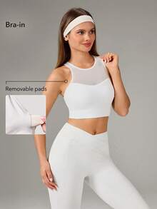 OutZeal Top de tirantes para mujer, sujetador deportivo blanco para gimnasio, entrenamiento y pilates, con almohadillas extraíbles y panel de malla en la espalda, top activo - Blanco - Ver 2