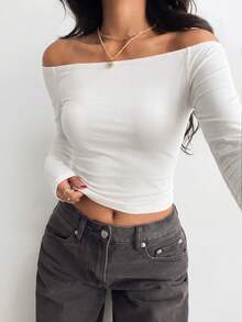 Black Off-Shoulder Fitted Casual Long Sleeve Basic Base Layer T-Shirt - White - View 7