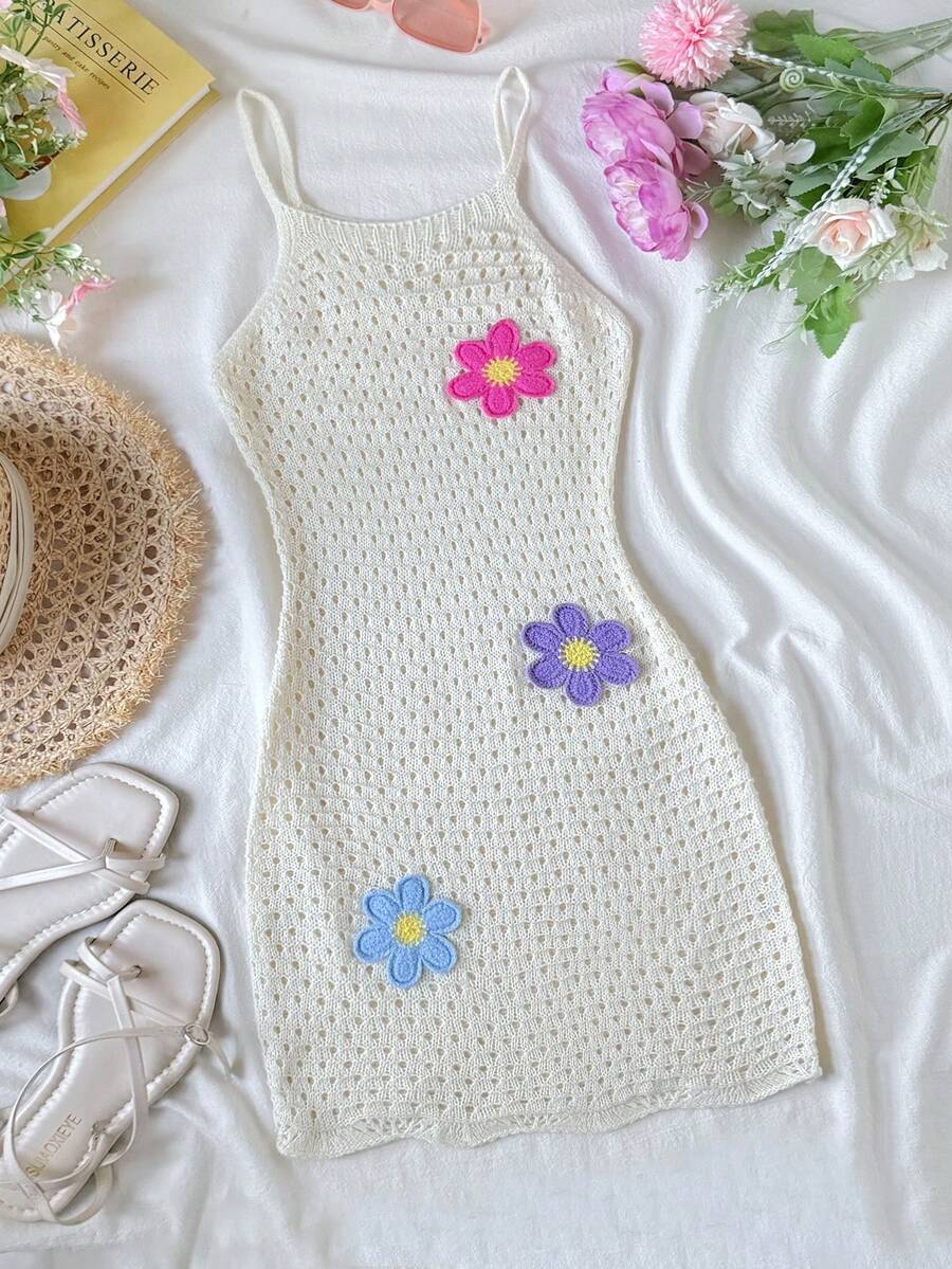 SHEIN 青少年女孩手工鉤編3D花卉裝飾罩衫洋裝,適合夏季海灘度假穿搭 - 米色 - 查看 1