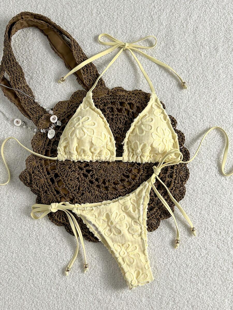Swim Mod 女款夏季海灘3D花卉印花掛脖綁帶性感比基尼三角褲兩件式泳衣套裝 - 鵝黃色 - 查看 1