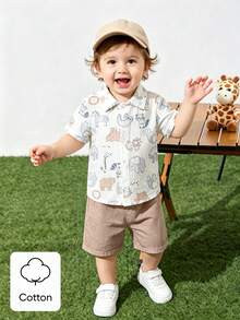 SHEIN Vintaside Kids Infant Toddler Baby Boys Summer Cute Animal 2-Piece Set, Collared Short Sleeve Button-Up Shirt With Cute Cartoon Animal Print And Elastic Waist Shorts, Baby Boy Shirt Set, Baby Summer Set, Baby Boy Cute Animal Set, Baby Clothing, Baby Boy Summer Shirt And Shorts 2-Piece Set - Khaki - View 6