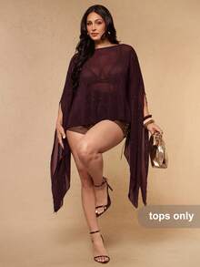 SHEIN BAE CURVE 大尺碼女款半透亮片網格時尚上衣 - 紅木色 - 查看 1