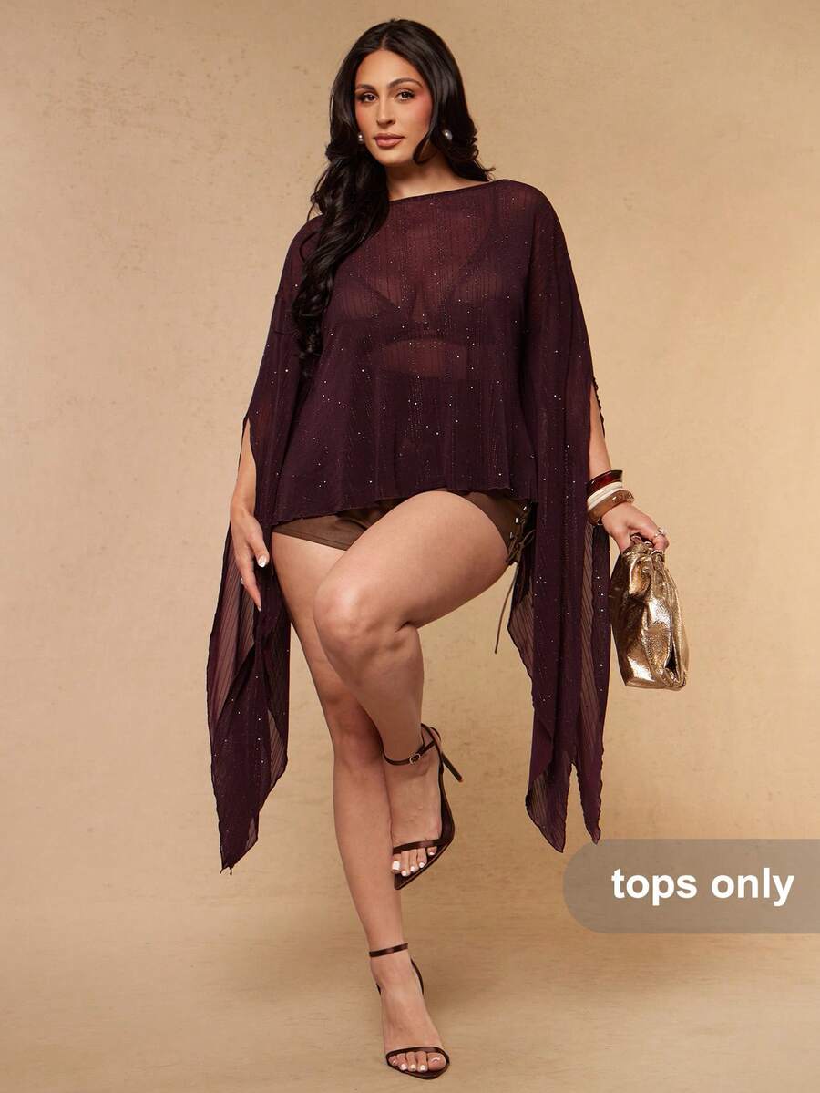 SHEIN BAE CURVE 大尺碼女款半透亮片網格時尚上衣 - 紅木色 - 查看 1