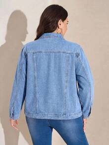 SHEIN LUNE 大尺碼女款長袖破洞單排扣休閒牛仔外套 - 藍色 - 查看 2