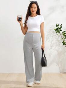 SHEIN 孕婦時尚休閒可調節腰圍寬鬆長褲，適合日常穿著 - 灰色 - 查看 4