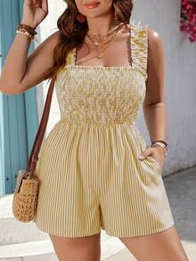 EMERY ROSE Casual Versatile Striped Spaghetti Strap Waist-Defining Plus Size Jumpsuit For Women - Yellow - View 4
